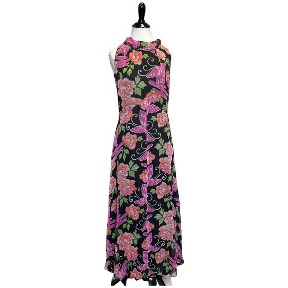 Vintage 60s/70s Black Butterfly Floral Printed Maxi Dress Medium - Picture 2 of 5